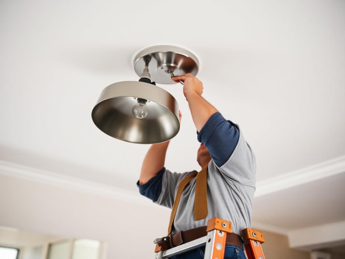 Technician installing a modern ceiling light fixture from a ladder