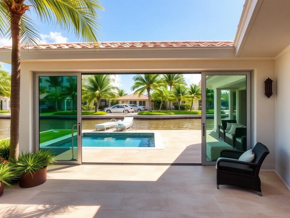 Newly installed impact sliding glass doors opening onto a South Florida patio