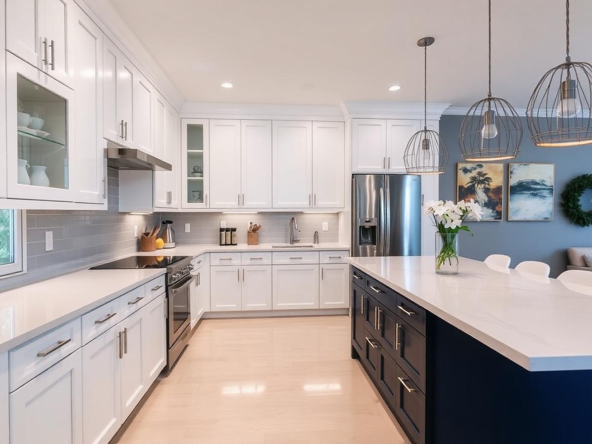 Renovated kitchen with white cabinets, quartz counters and a navy island