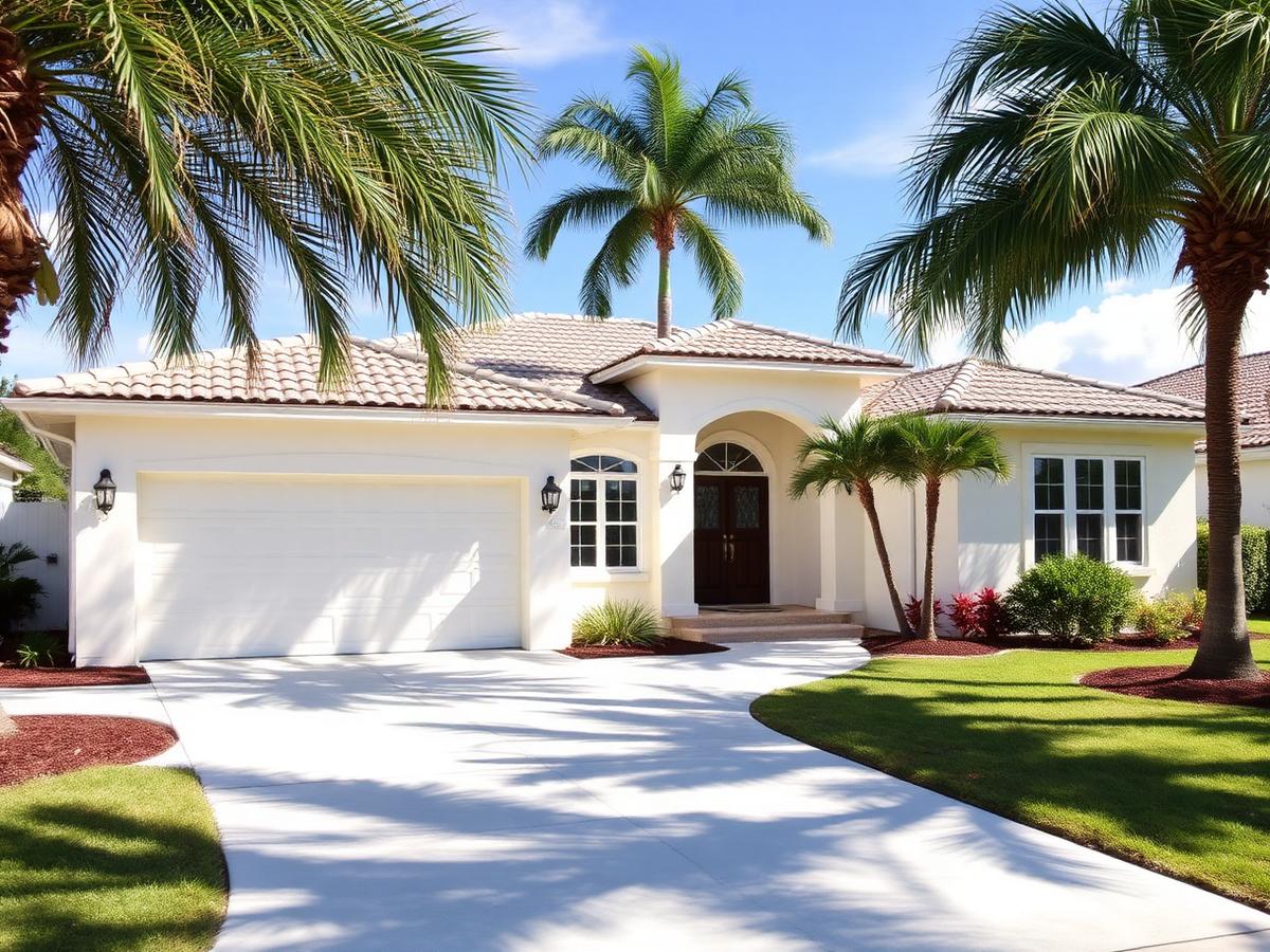 Freshly painted stucco house exterior with a clean concrete driveway