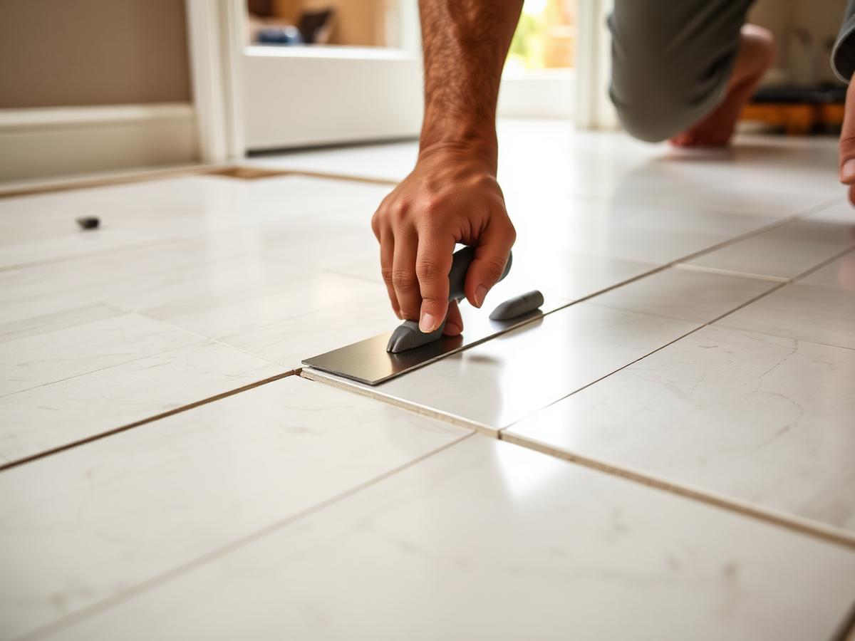 Installer setting large-format porcelain floor tile with a trowel